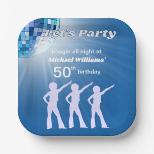 Assiettes En Carton Boule de Disco Groovy Bleue 50e Anniversaire
