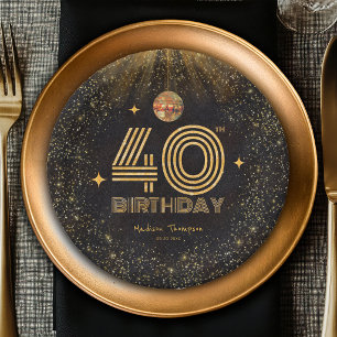 Assiettes En Carton Boule de disco pailletée or noir pour fête d'anniv