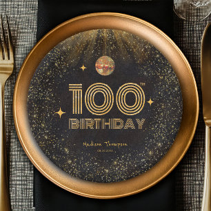 Assiettes En Carton Boule de disco Paillettes Or Noir Fête 100e Annive