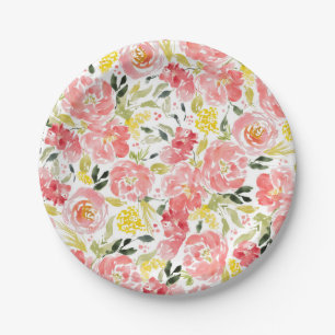 Assiettes En Carton Boule de ruban satiné motif de fleurs d'aquarelle