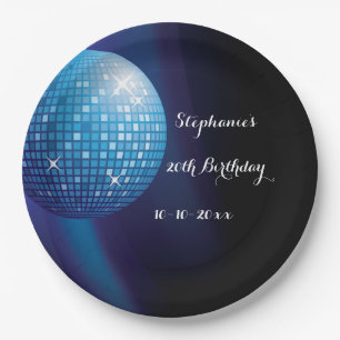 Assiettes En Carton Boule disco bleue de 20e anniversaire glamour
