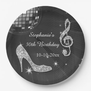Assiettes En Carton Boule disco et talons noir/argent 30e anniversaire