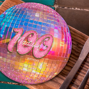 Assiettes En Carton Boule disco Strass Or Rose pour fête des 100 ans