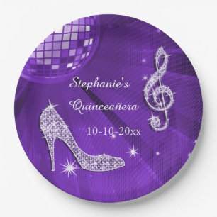 Assiettes En Carton Boule disco violette et talons Quinceañera