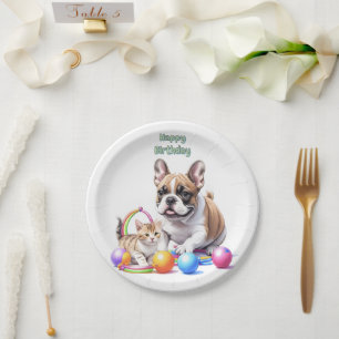Assiettes En Carton Bouledogue français avec chat
