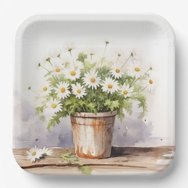 Assiettes En Carton Bouquet Aquarelle Daisy En Pot (Recto)