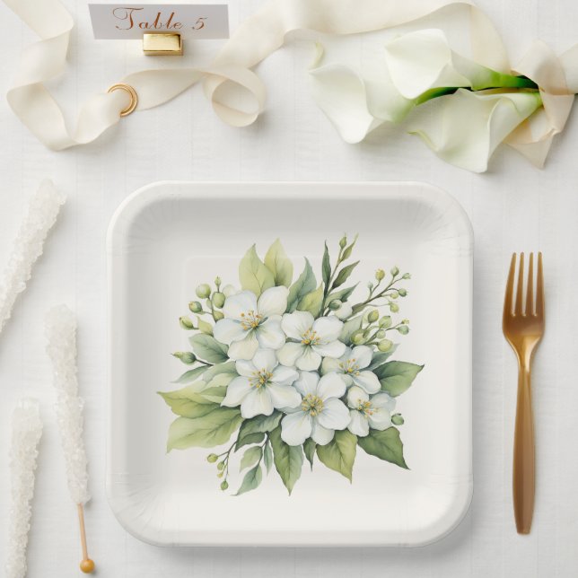 Assiettes En Carton Bouquet de fleurs de pommier blanc aquarelle (Mariage)