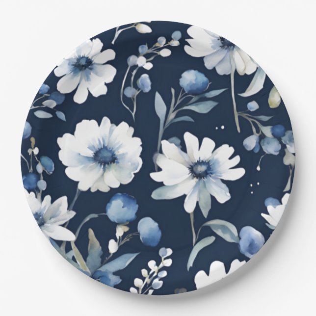 Assiettes En Carton Bouquet de fleurs élégant aquarelle bleue (Devant)