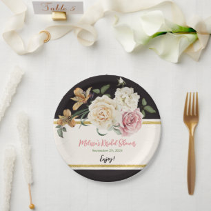 Assiettes En Carton Bouquet de fleurs noir, ivoire et or
