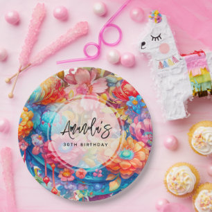 Assiettes En Carton Bouquet de fleurs Orange & Boho bleu Anniversaire