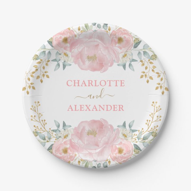 Assiettes En Carton Bouquet de luxe / Mariage d'aquarelle rose douce (Devant)