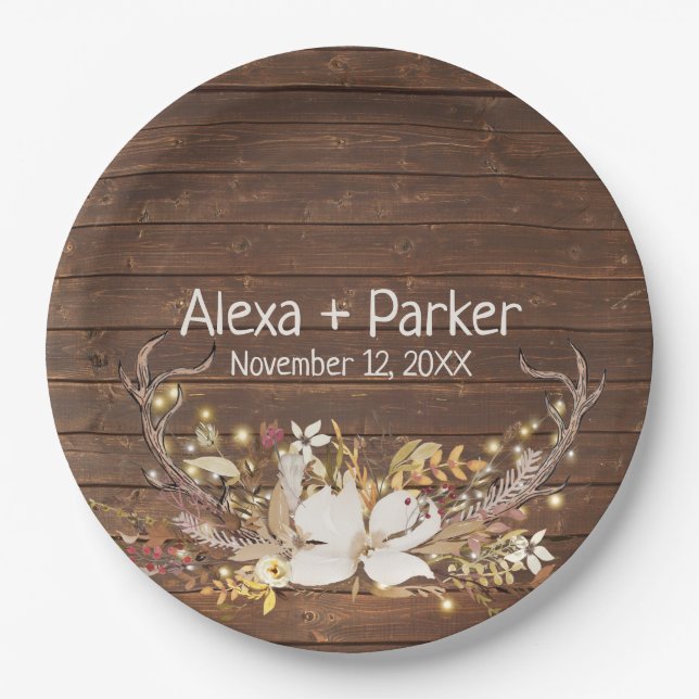 Assiettes En Carton Bouquet de mariage bois de cerf (Devant)