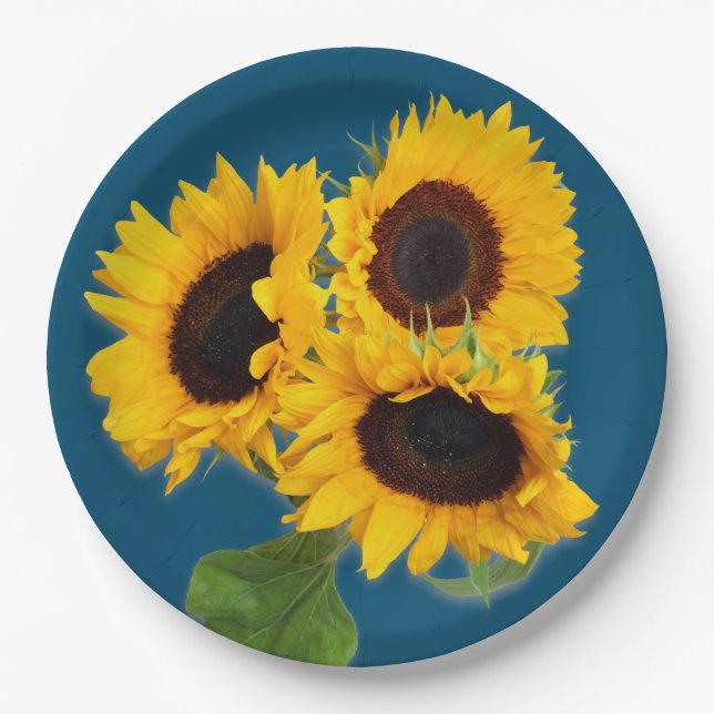 Assiettes En Carton Bouquet de tournesol bleu turquoise jetable (Devant)