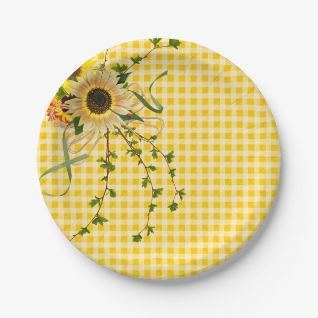 Assiettes En Carton bouquet de tournesol et de lierre avec bestiole (Devant)