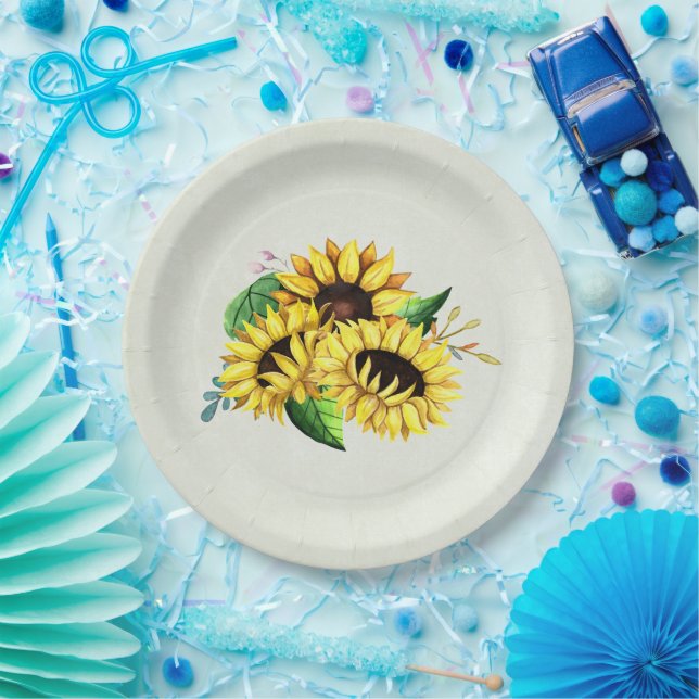 Assiettes En Carton Bouquet de tournesol jaune en aquarelle (Fête)