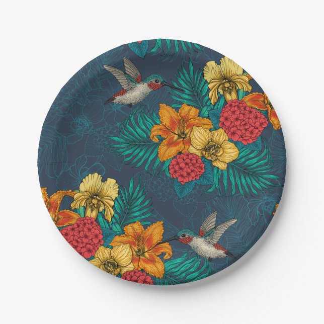 Assiettes En Carton Bouquet et colibris tropicaux (Devant)