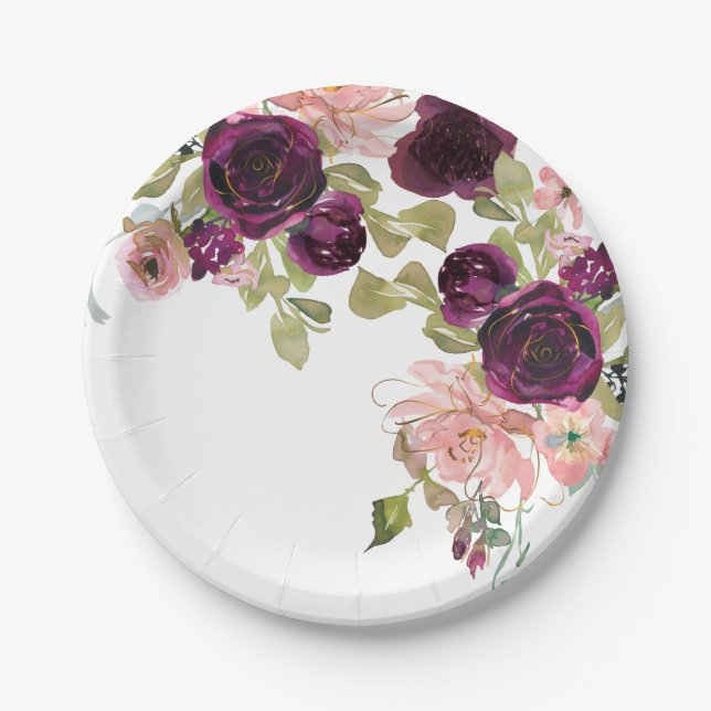 Assiettes En Carton Bouquet floral Bourgogne et bleu (Devant)