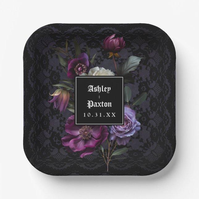Assiettes En Carton Bouquet floral mauve moody gothique sur dentelle n (Recto)