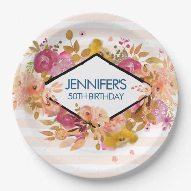 Assiettes En Carton Bouquet floral orange et rose Anniversaire (Devant)