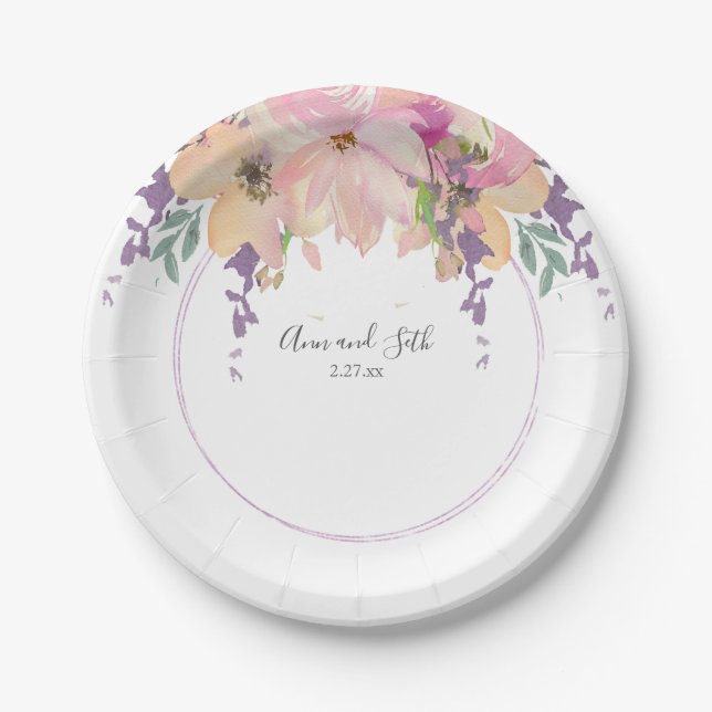 Assiettes En Carton Bouquet rose et violet moderne Mariage floral (Devant)