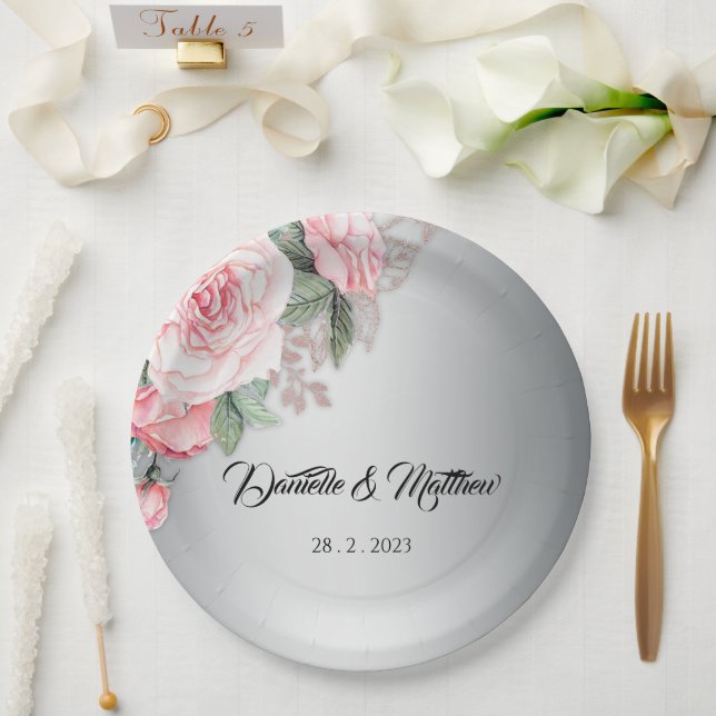 Assiettes En Carton Bouquet rose floral et Mariage argenté (Mariage)