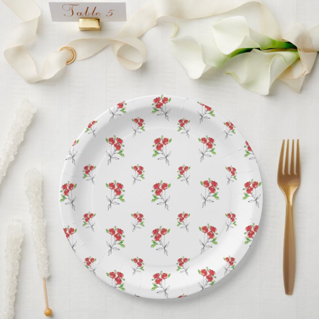 Assiettes En Carton Bouquet Trois Roses Rouges | Plaques de papier ron (Mariage)