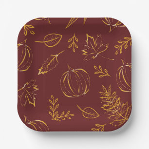 Assiettes En Carton Bourgogne Automne Citrouilles et Feuilles Thanksgi