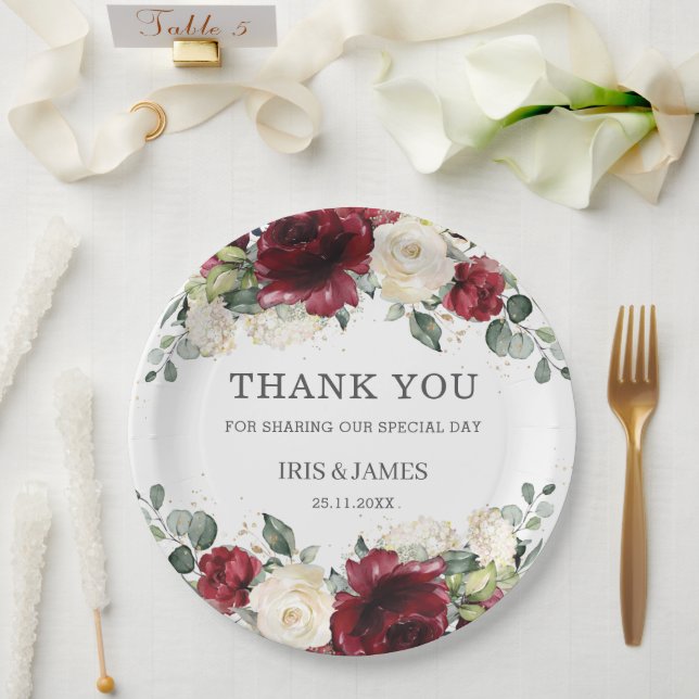 Assiettes En Carton Bourgogne Blanc Floral Rose Wedding shower Anniver (Mariage)