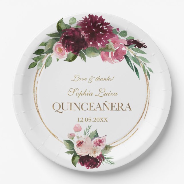 Assiettes En Carton Bourgogne Blush Floral Mis Quince Quinceañera (Devant)