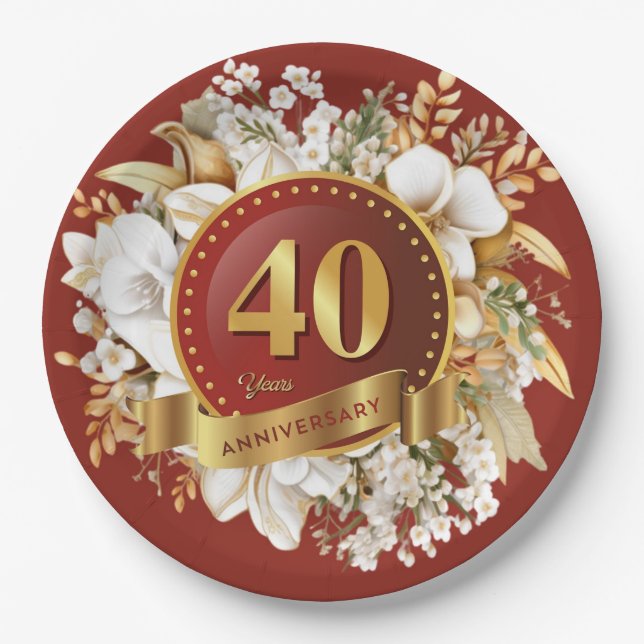 Assiettes En Carton Bourgogne et or Floral 40e anniversaire Mariage (Devant)