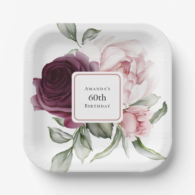 Assiettes En Carton Bourgogne et rose Rose 60e anniversaire (Recto)