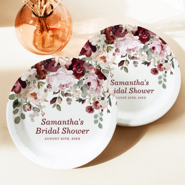 Assiettes En Carton Bourgogne Fête des mariées aux fleurs rose pâle (Créateur téléchargé)