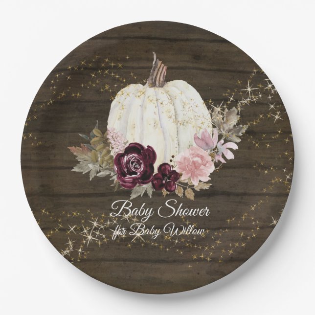 Assiettes En Carton Bourgogne Floral Citrouille or Baby shower rustiqu (Devant)
