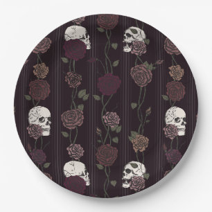 Assiettes En Carton Bourgogne foncé gothique crâne et rayures de rose