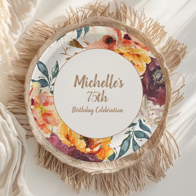 Assiettes En Carton Bourgogne Orange Floral Gold Parties scintillant 7 (Orange and burgundy watercolor floral 75th birthday party paper plates)