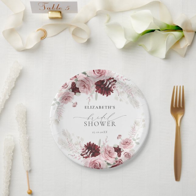 Assiettes En Carton Bourgogne Roses Fleurs Roses Shower de Mariage (Mariage)