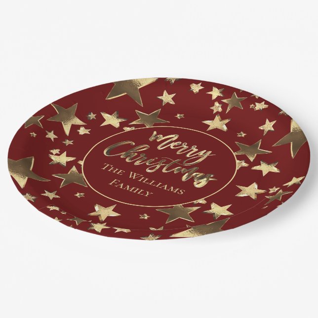 Assiettes En Carton Bourgogne Rouge Or Joyeux Noël Étoiles Élégantes (Angle)