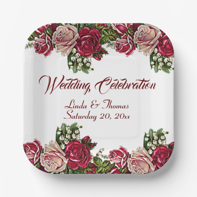 Assiettes En Carton Bourgogne Rouge Rustique Rose Mariage campagnard F (Recto)