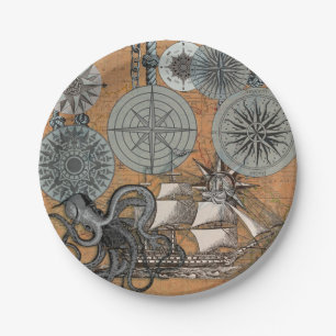Assiettes En Carton Boussole Rose Vintage Nautique Octopus Ship