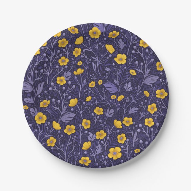 Assiettes En Carton Boutons jaunes et violets (Devant)
