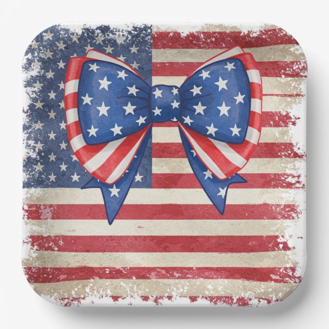 Assiettes En Carton Bow patriotique & Drapeau Anniversaire Fournitures (Recto)
