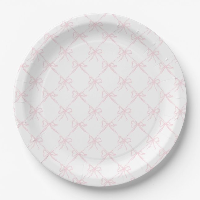 Assiettes En Carton Bow rose et blanc, ruban rose grand-millénaire (Devant)