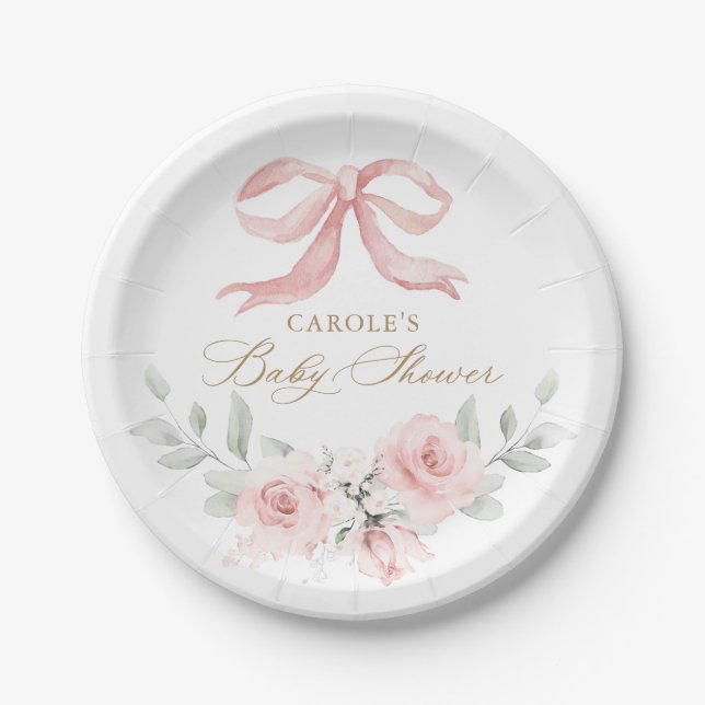 Assiettes En Carton Bow rose Floral Blush Baby shower vert (Devant)