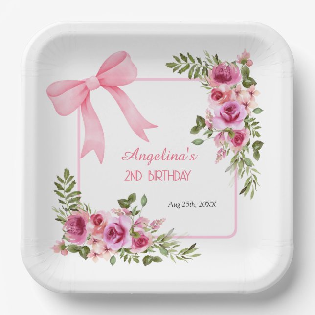 Assiettes En Carton Bow rose Rose Floral Green Girls Anniversaire (Recto)