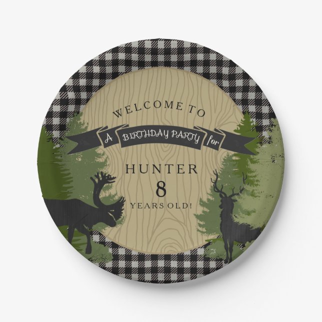 Assiettes En Carton Boy Anniversaire de fête Rustic Black Deer Antler  (Devant)