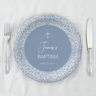 Assiettes En Carton Boy Baptism Blue White Floral Pattern Christening