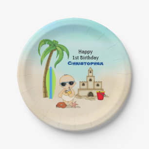 Assiettes En Carton Boy Beach Baby Sandcastle in Surfboard 1er anniver