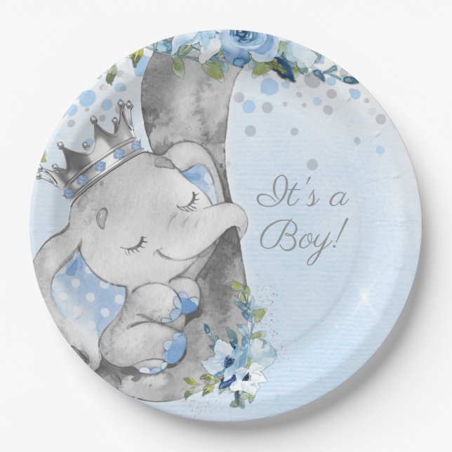 Assiettes En Carton Boy Elephant Prince Baby shower Plaque papier (Devant)