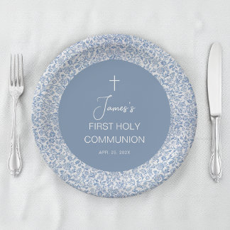 Assiettes En Carton Boy First Communion Blue and White Floral Pattern