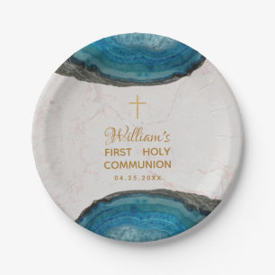 Assiettes En Carton Boy First Communion Blue Geode Marble Gold Cross